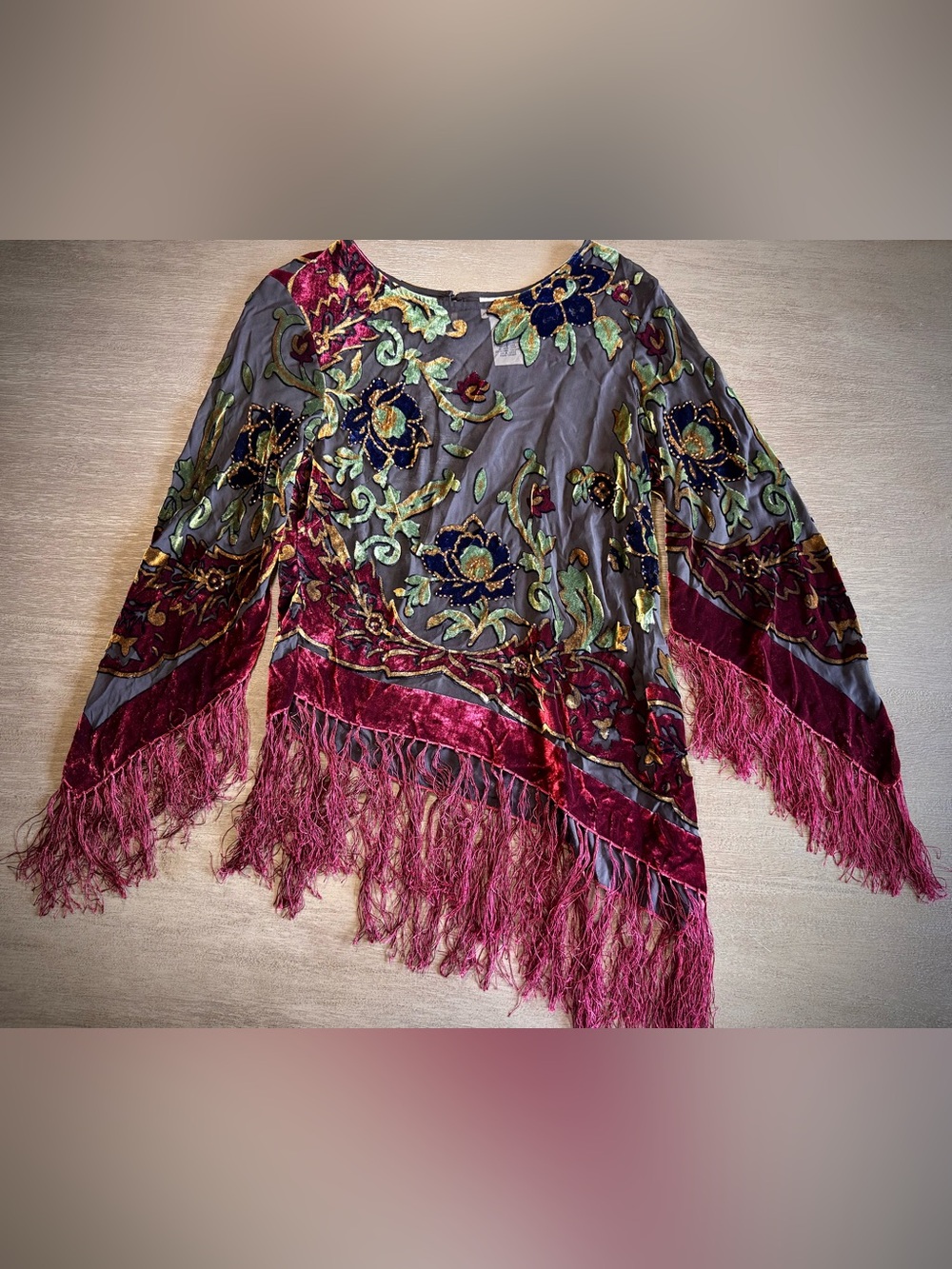 🤍Vintage Silk Fringe Beaded Patchwork Blouse Asymmetrical Top M - Picture 4 of 15